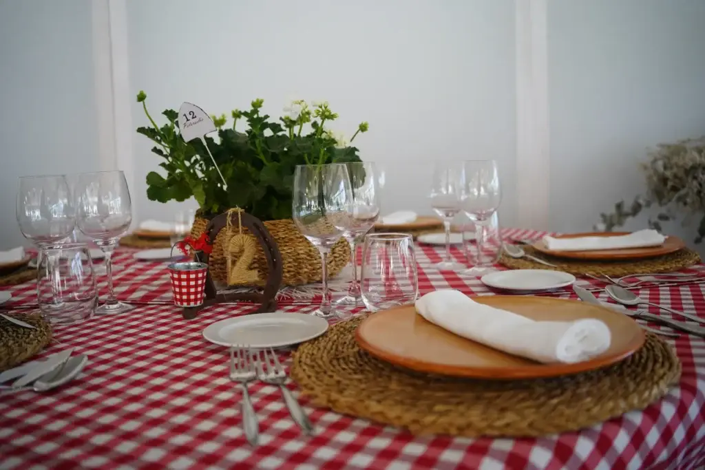 Centro de mesa con flores y estampado vichy — Finca Villa Mercedes