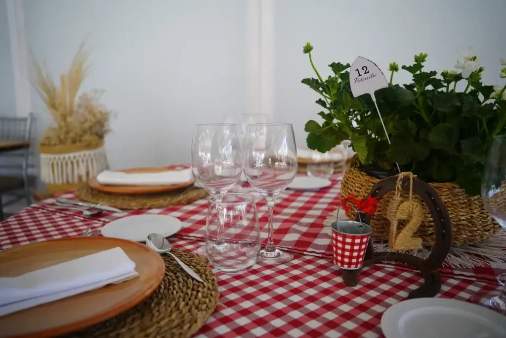 Mesa decorada con tela vichy y flores — Finca Villa Mercedes